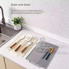 1pc Foldable Flexible Silicone Drainage Mat, Grooved Quick‑Drying Countertop Pad, Multi‑Size Kitchen Sink & Bathroom Vanity Counter Accessory, Available In Black White Grey - Draining Mat. New - View 3