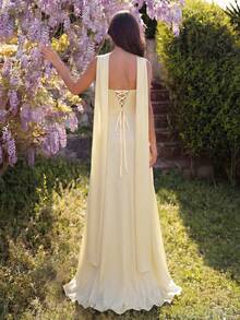 Faeriesty Strapless Ruched Waist Women's Evening Dress - Elegant Dress With Charming Ruched Bust Design, Suitable For Parties And Banquets Party Wedding - Light Yellow - View 2