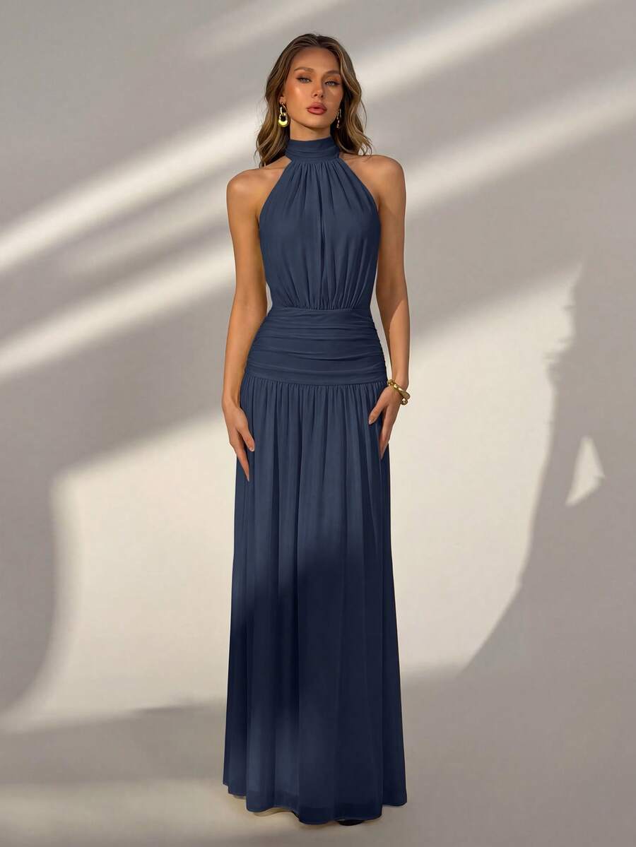 Elegant Navy Blue Halter Neck Waist-Cinching Backless Mesh Maxi Dress, Suitable For Beach Vacation, Casual Outings, Summer Parties, Graduation Ceremonies - Navy Blue - View 1