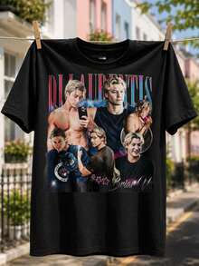 Di Laurentis Briar U T-shirt, glossy portrait collage with pink stars, retro campus fan graphic style 100% Cotton 1PC 180g - Negro - Ver 1