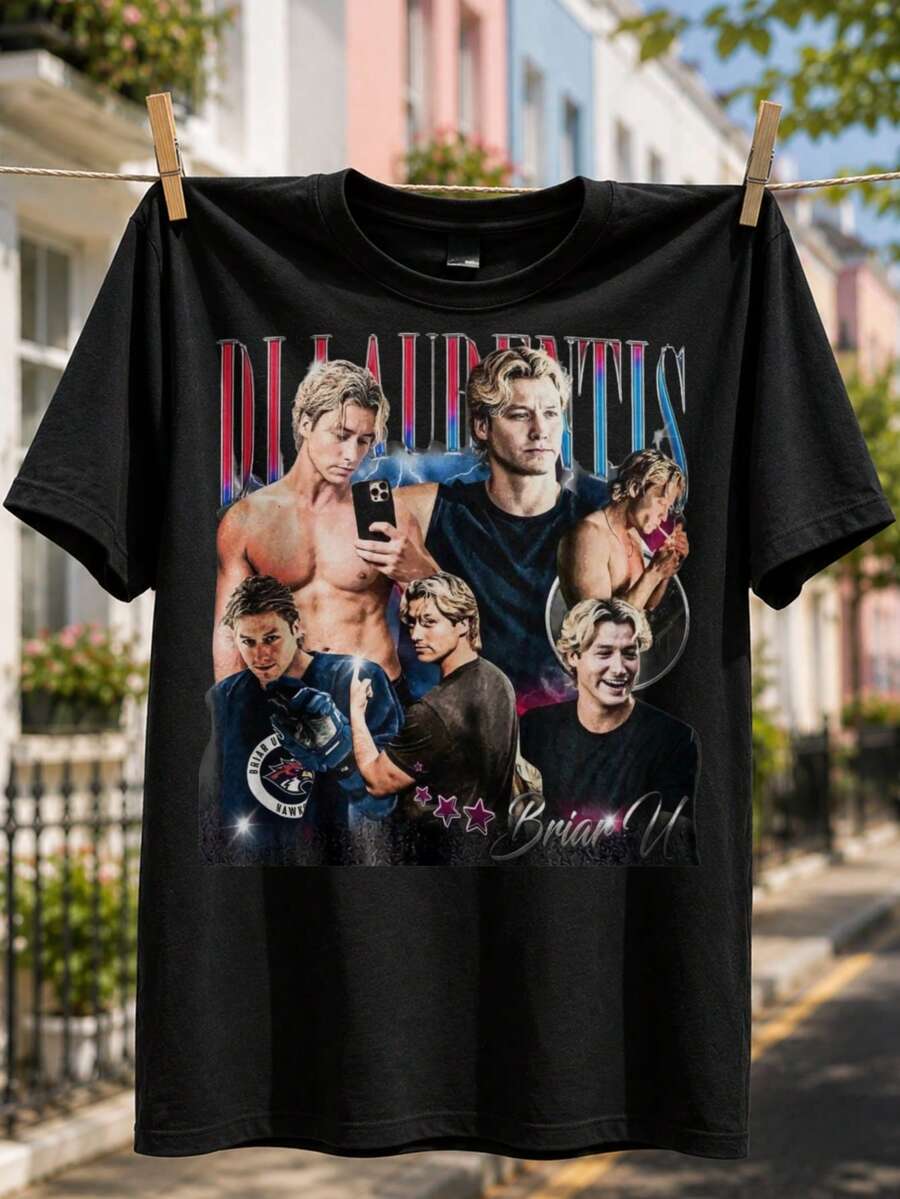 Di Laurentis Briar U T-shirt, glossy portrait collage with pink stars, retro campus fan graphic style 100% Cotton 1PC 180g - Negro - Ver 1