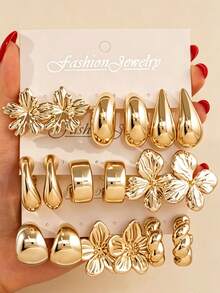 6/18PCS Fashionable Elegant Floral Geometric Multi- Gold Metallic Earring Set, Women's Fashion Earring Set, Daily Wear, (Lightweight CCB Material, Non-Fading) - Gold - View 1
