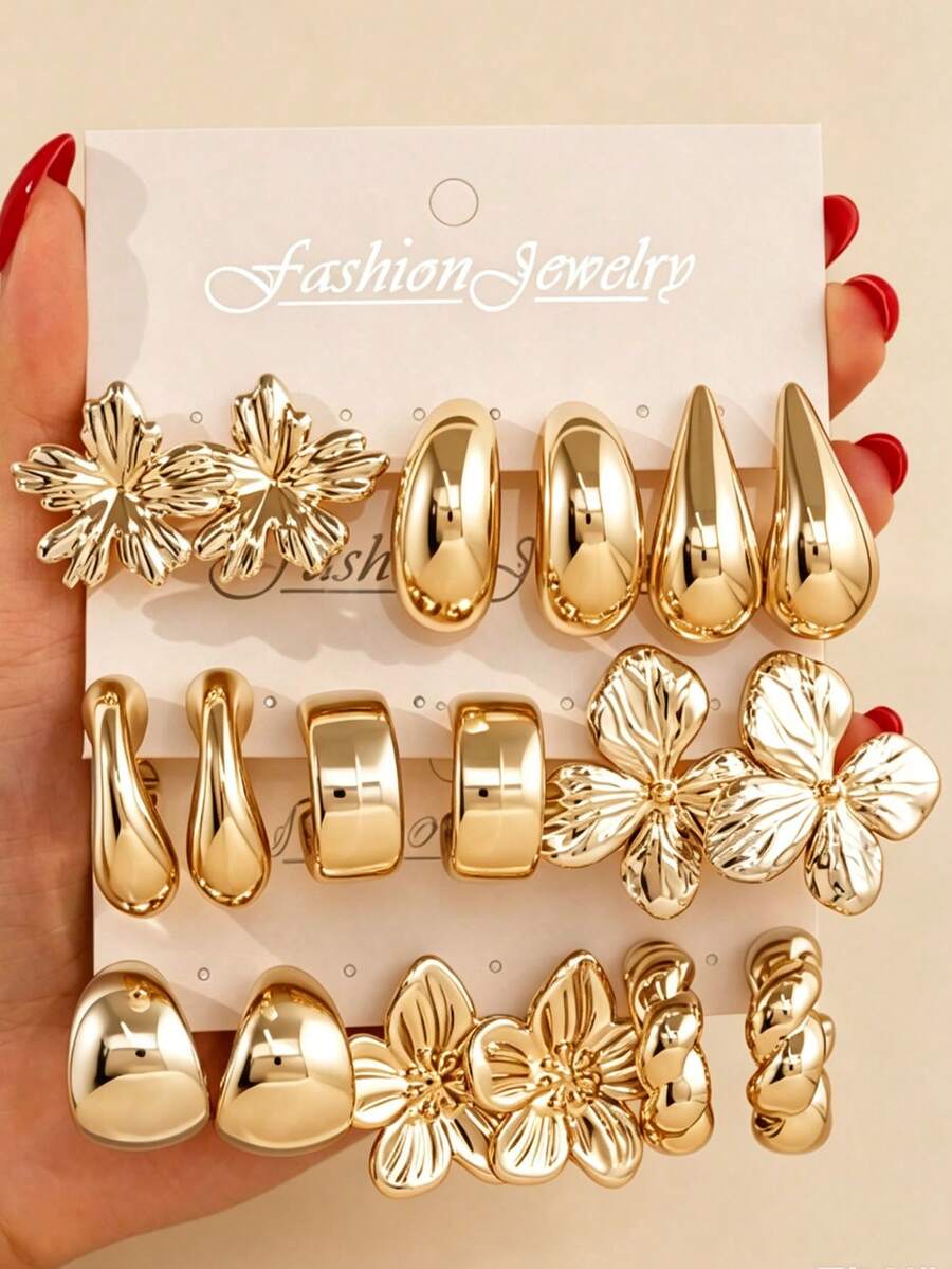 6/18PCS Fashionable Elegant Floral Geometric Multi- Gold Metallic Earring Set, Women's Fashion Earring Set, Daily Wear, (Lightweight CCB Material, Non-Fading) - Gold - View 1