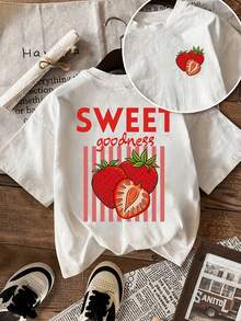 1 pieza, camiseta retro Y2K [Hecha a medida] Camiseta de manga corta para mujer hecha de 100% algodón con estampado de fresas "Sweet Goodness" - cuello redondo casual, top de verano suave y - Blanco - Ver 1