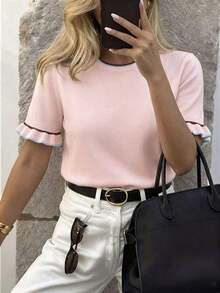 Jersey de punto de manga corta con cuello redondo, volantes y bloques de color, estilo casual de verano para mujer, color rosa - Rosa - Ver 6