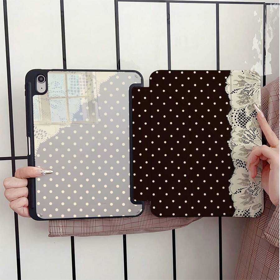 黑色底色奶油波點蕾絲 Y 型折疊平板保護殼，附筆槽，相容 iPad 10 代 Smart Case/11(A16 2025)/相容 Galaxy S9/S7/S10+/相容 /相容