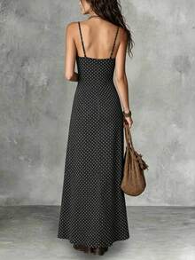 2026 Spring/Summer Women's Valentine's Day Black Base White Polka Dot Spaghetti Strap Maxi Dress With Lace Patchwork Elegant - Black and White - View 5