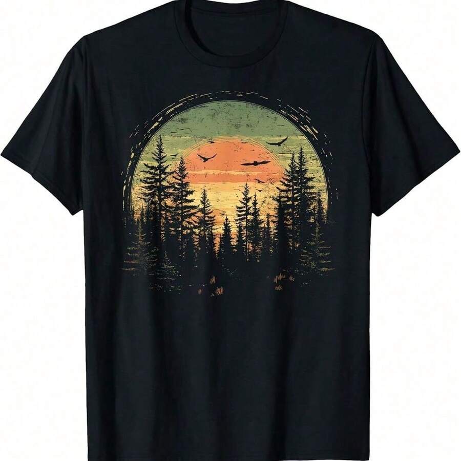 Camiseta Retro con Diseño de Oso, Árboles y Reflejos en el Bosque RENJ - Negro - Ver 1