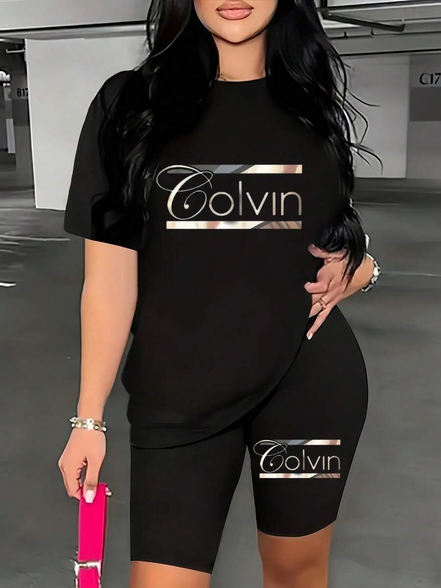 Plus Size, 2pcs Gradient Striped Letter Print Women's Casual Breathable Set In Black, White, Apricot, Red, Dark Gray, Brick Red, And Matcha Green - - Shorts - View 1