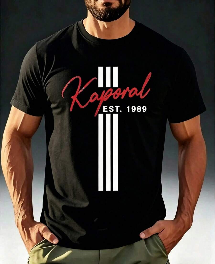 Kaporal Men's Short-Sleeved T-Shirt With Vertical Handwritten Script Print, Cool Streetwear Style Design, Comfortable And Soft Against The Skin. Men's - Black - View 1