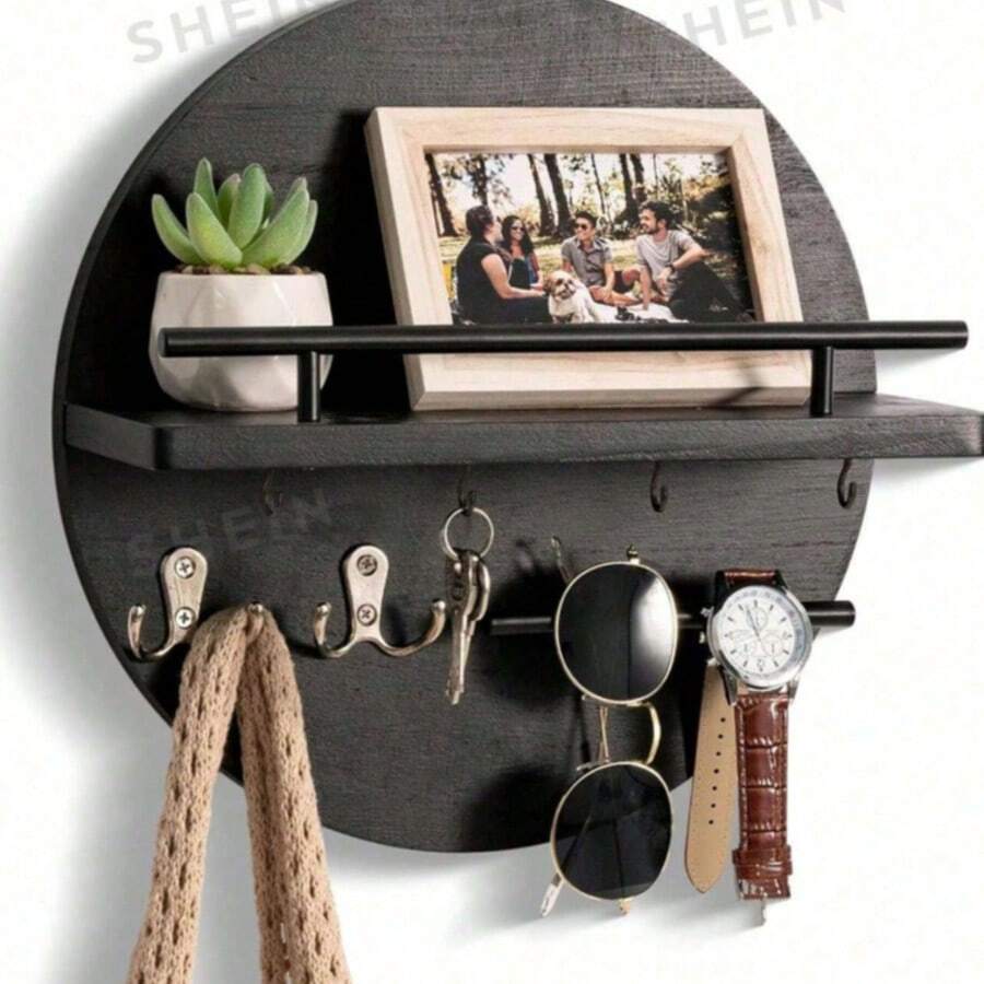 Wall-Mounted Key Rack With Shelf And Hooks, Mail Organizer, Round Design Entryway Key Holder, Rustic Home Decor - 1 Pack - View 1