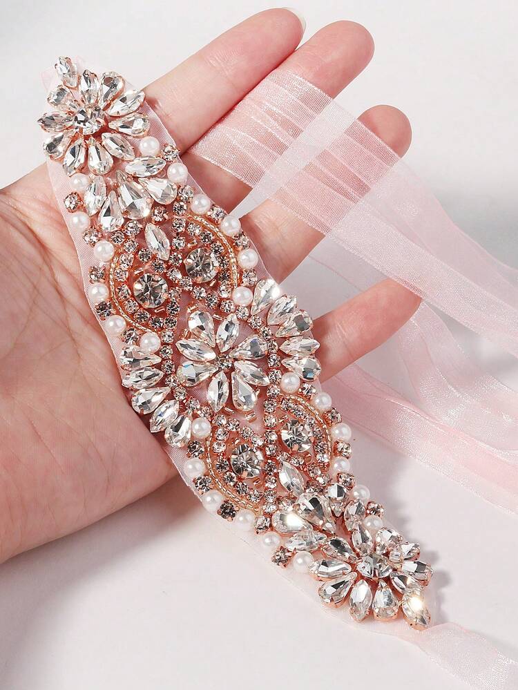 rose gold wedding dress belt 1pc Rhinestone & Pearl Bridal Sash Belt, Crystal Embellished Sash, White Satin Ribbon For Brides Flower belt