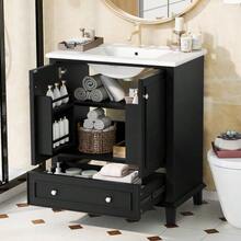 Mueble de baño independiente de 76 x 46 x 87 cm con lavabo integrado, patas de madera maciza, totalmente lacado, resistente a la humedad y al agua, amplio espacio de almacenamiento, lavabo cerámico integrado, color gris. - Negro - Ver 8