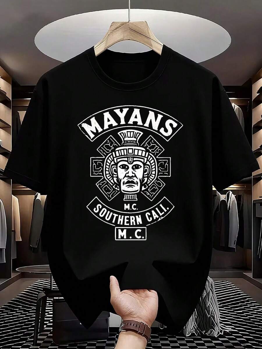 ¡Estilo de motocicleta vintage!MAYANS M.C.Camiseta con Estampado de la Cultura Maya de las Motocicletas, Unisex, Material Cómodo, Uso Diario, Regalo de Cumpleaños o para las Fiestas - Negro - Ver 1