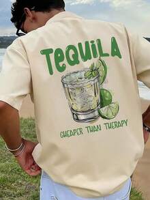 Men's Short, Loose-Fitting T-Shirt With A  Print, Showing Off Your Style, Perfect For Casual Summer Wear And Lounging At Home. - 杏色 - 查看 3