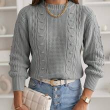 Women's Long-Sleeved Ribbed Blouse With A Round Neck And Braided Knit Details, In A Wool-Like Fabric. - Light Grey - View 1