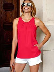 Blusa sin manga unicolor con diseño de fruncido - Coral - Ver 3