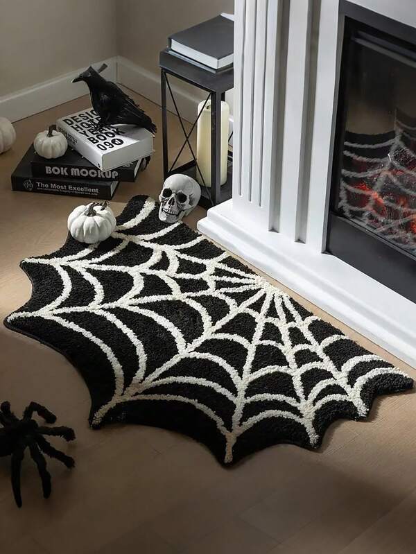 1 pieza Alfombra de baño con telaraña gótica oscura de Halloween, alfombra antideslizante de Halloween para puerta, adecuada para puerta principal, sala de estar, alfombra de dormitorio, accesorio fotográfico para fiesta de Halloween