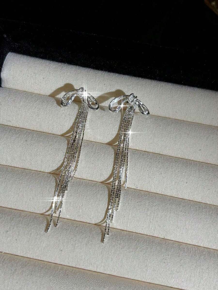 1對優雅時尚鏈條蝴蝶結流蘇女式耳環,2種佩戴方式精緻極簡奢華時尚耳環,適合日常出遊、通勤、宴會、派對、生日,送給好友或伴侶的禮物 - 銀色 - 查看 1