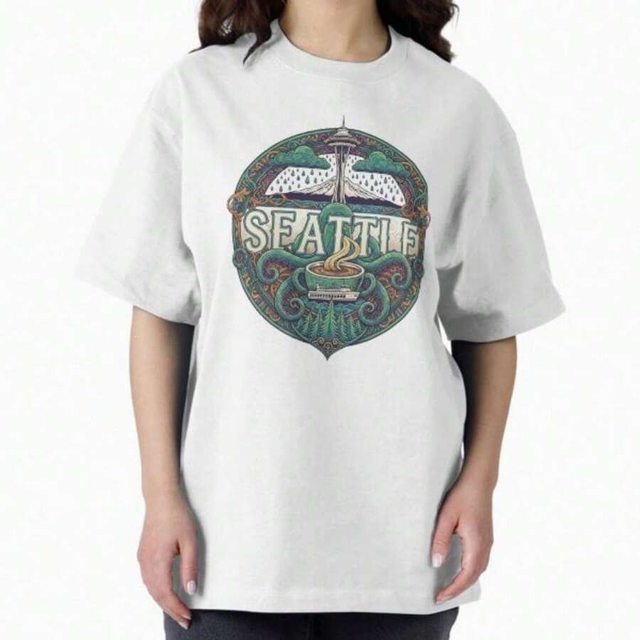 Camiseta con la aguja espacial frente a una ciudad colorida - Rosa - Ver 1