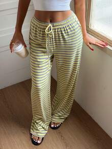 Pantalones rectos a rayas de estilo Y2K para mujer, con cintura con cordón, ideales para looks de calle, ir al trabajo, citas y ropa de estar en casa de verano. - amarillo - Ver 2