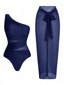 One-Piece Swimsuit With Solid-Color Ruched Mesh Panel And Sarong Skirt - Royal Blue - View 1