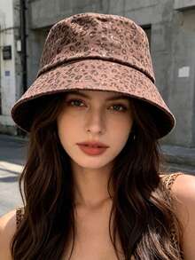 New Women's Japanese Style Leopard Print Rhinestone Bucket Hat, Large Brim Sun Hat, Face-Slimming Sun Protection Hat - A - View 5