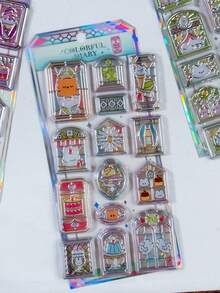 窗戶造型玻璃貼紙 花卉鏡面透明 PET 貼紙,適用於筆電、剪貼簿、滑板、吉他 DIY 創意美學貼紙 - 彩色 - 查看 5