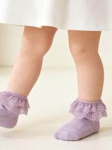 1 Pair Lace Hollow Out Bow Thin Soft Comfortable Breathable Cotton Princess Style Socks For Baby Girls - Purple - View 6