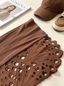 European And American Cross-Border Spring/Summer Versatile High-Waisted Lace Hollow-Out Splicing White Flowy Wide-Leg Pants - Brown - View 3