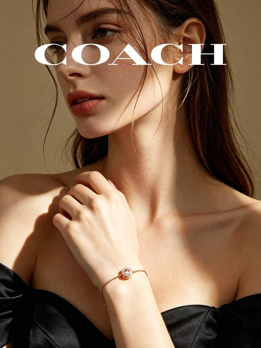 Coach Rose Gold Tone Bracelet, Crystal Paved Round Horse Carriage Logo, Dainty Thin Chain - Rose Gold - View 1