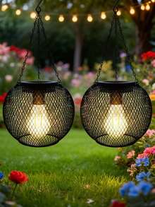 Vintage Black Mesh Sphere Solar Pendant Light, Waterproof LED Solar Hanging Lamp, Automatic Light Control Iron Cage Lantern, Suitable For Garden, Patio, Yard, Balcony, Lawn, Wedding, Christmas Outdoor Decor, Solar Powered Lighting Gift - 1Pc Black - View 2