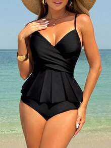 SYCAMORETREETECHNOLOGYMX Swim Lushoire Set de 2 piezas de tankini de traje de baño con top tipo camiseta cruzado y volantes en el bajo, y Bottom tipo - Verde Oscuro - Ver 2