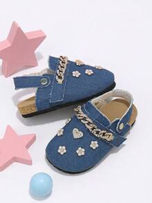 Girls' Formal Closed-Toe Mule Shoes, Classic Blue, 2-Way Wear, With Gold Rhinestone Chain Strap, 3D Heart And Flower Decor, Suitable For All Seasons - Blue - View 5