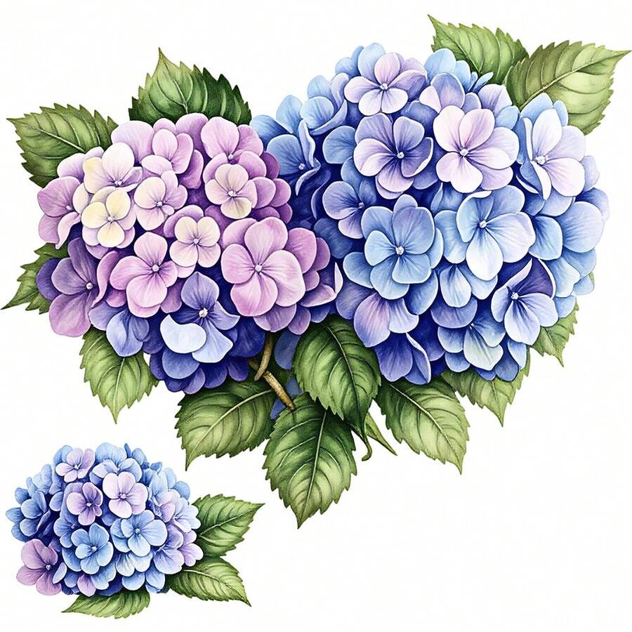 1/2/3 PIEZAS Vinilo Transferible por Calor Duradero y Lavable, Patrón Floral Pintado a Mano de Acuarela con Hortensias Degradadas en Azul y Púrpura con Hojas Verdes, Pegatina Transferible por Calor, Pegatina Transferible por Plancha - Adecuado para Almohadas, DIY, Mochilas, Camisetas, Bolsas de Lona, Sudaderas, Vaqueros, Ropa, Suministros de Costura