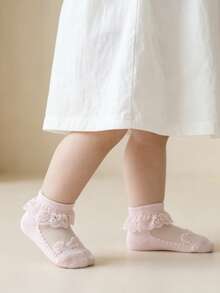 1雙女童幼兒薄款冰絲透氣玻璃纖維棉短襪 嬰兒襪 - 粉色 - 查看 2