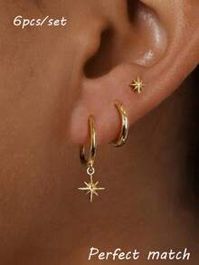 Juego de 3 piezas de pendientes delicados, pendientes de estrella chapados en oro de 14K, pendientes de cartílago hipoalergénicos, pendientes superpuestos para uso diario, adecuados para oídos sensibles (3 piezas, uso en una sola oreja) - Dorado - Ver 7