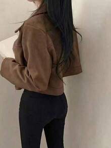 女士休闲日常通勤时尚街头学院机场穿搭纯色仿麂皮翻领拉链短款长袖外套，秋季款 - 棕色 - 查看 4