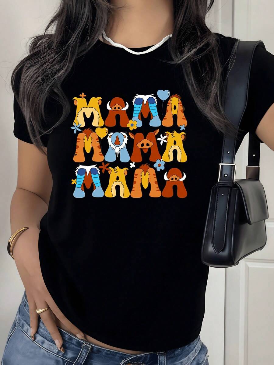 Letras coloridas forman la palabra MAMA con motivos tiernos de animales flores y corazones que expresan cariño y alegría camiseta de mujer casual moderna - Negro - Ver 1