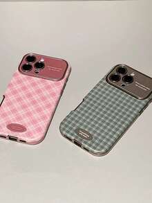 極簡 Ins 風格格紋情侶手機殼，適用於 Apple 17 Pro Max、16 Pro、13、14 Pro、15 Pro，小眾全包覆皮革防震軟殼 - 綠色 - 查看 2