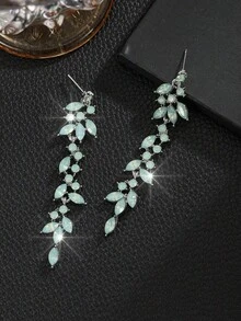 1對奢華水晶吊墜耳環，水鑽流蘇葉片吊墜耳環，適合新娘婚禮宴會派對穿著 - 淺綠色 - 查看 3