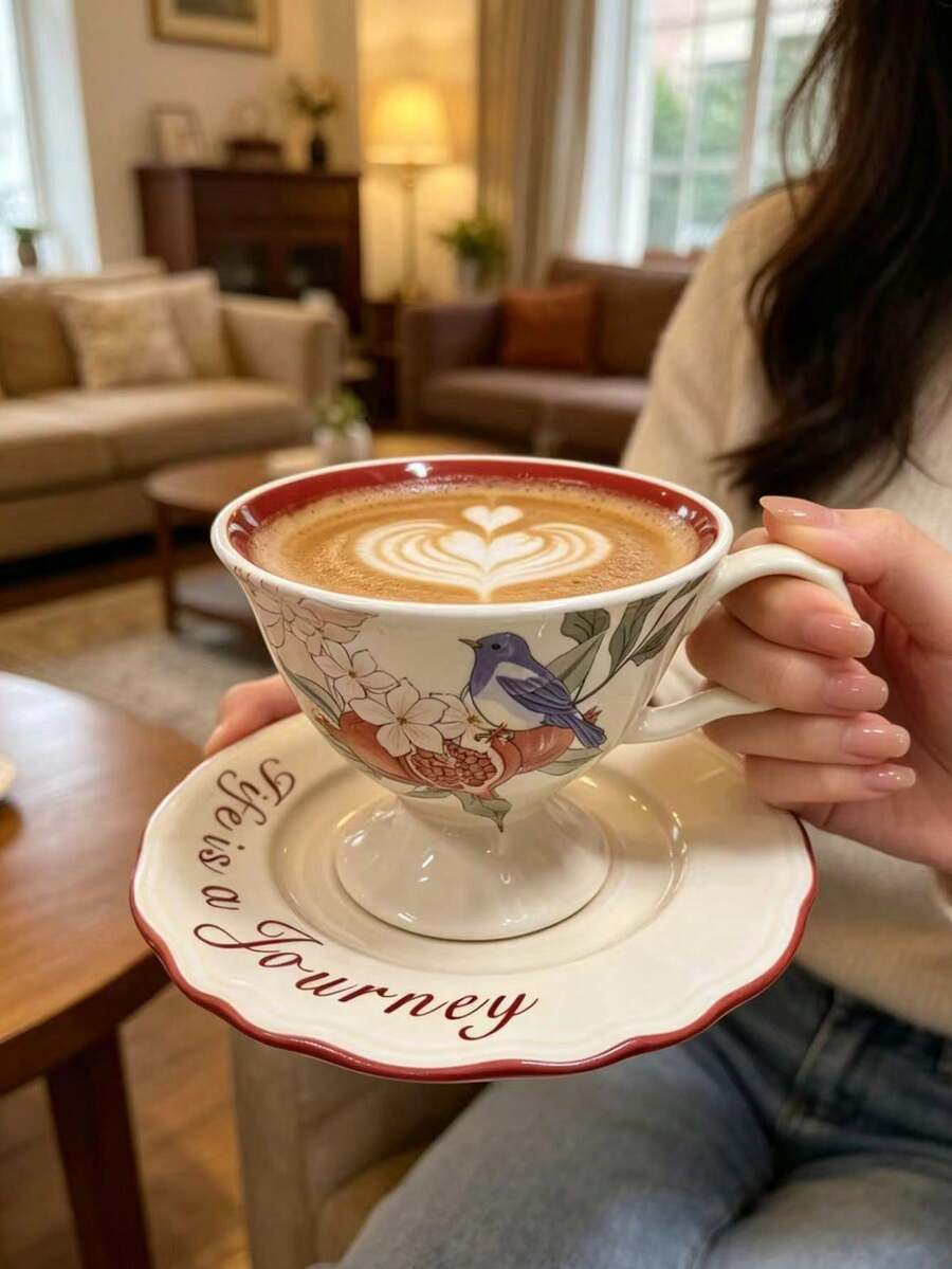 日式陶瓷花卉图案情侣牛奶杯,纯白色家用咖啡杯、水杯、茶杯 - 彩色 - 查看 1