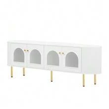 Low TV Unit With Glass Doors, Practical Storage Unit For The Living Room, Gold Handles And Legs - White - View 8
