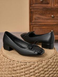 MonaNise Square Toe Low Block Heel Work Pumps - Black - View 2