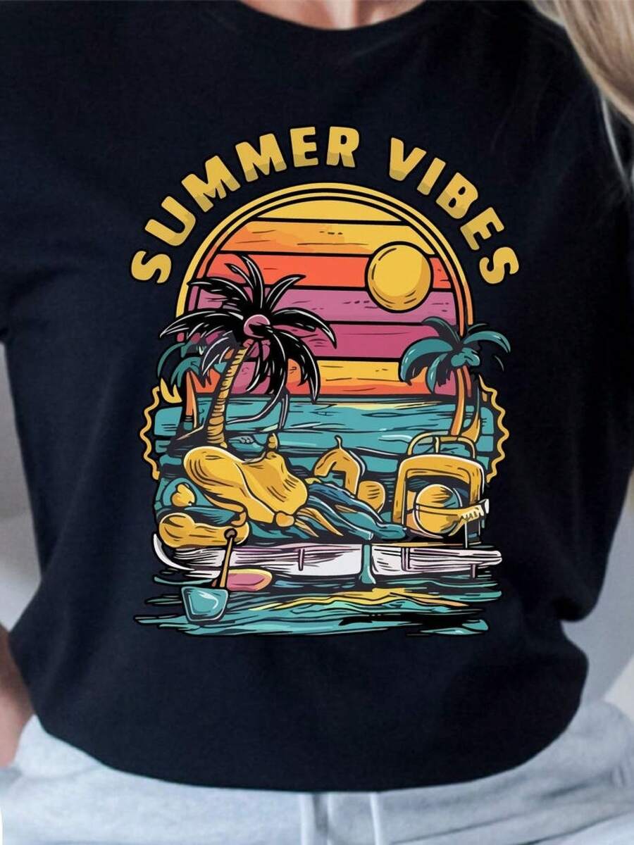 Camiseta unisex, Camiseta con vibraciones de verano, Camiseta con diseño de palmera al atardecer, bebida flotante en el océano, Camiseta de vacaciones tropicales de verano, Camiseta para fie - Negro - Ver 1