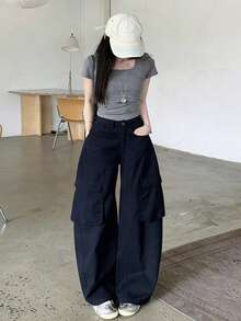 Washed Curved Leg Wide Leg Pants For Women, Loose Casual Fashion Versatile Long Pants - Navy Blue - View 4