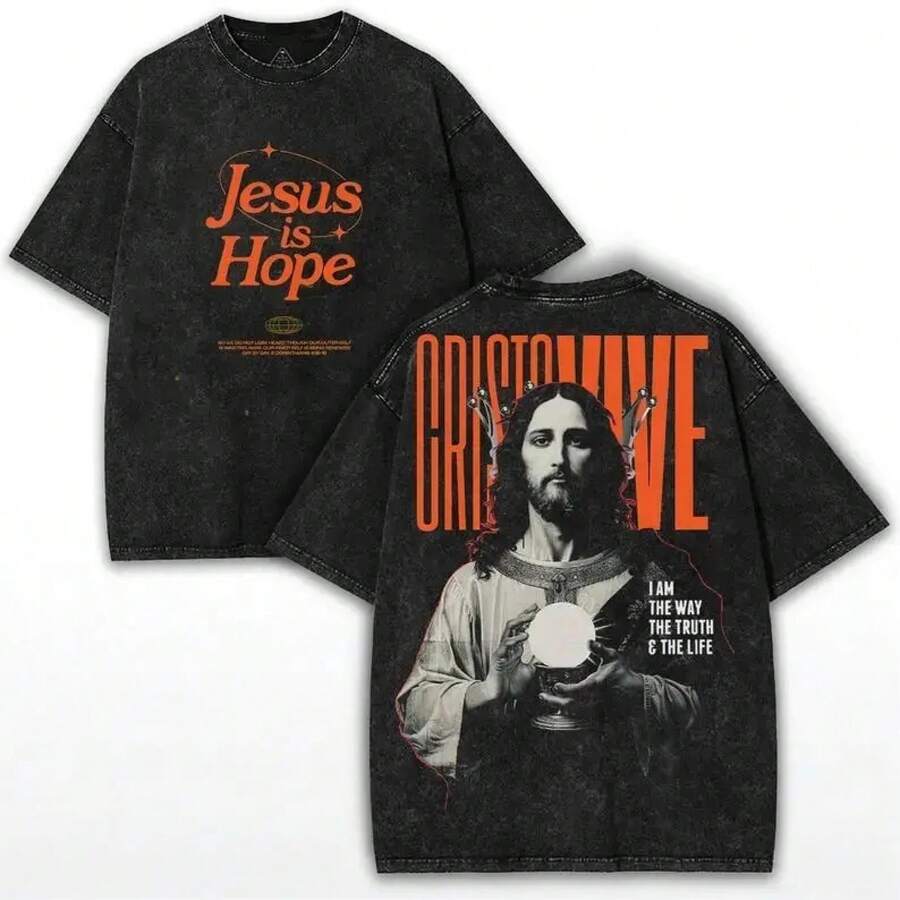 Vintage Washed T-Shirt, Thick Cotton With Double Graphic Illustrative Print, Unisex Cut, Variety Of Sizes, Casual Garment, Urban Fashion, Manga Style - 黑色 - 查看 1