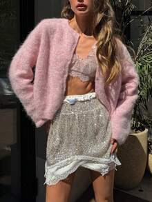 Women's Pink Fluffy Button-Front Cardigan, Long Sleeve, Regular Length, Medium Stretch, Suitable For Autumn - Pink - View 7