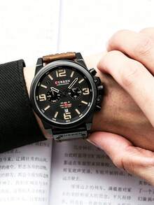 1pc Leather Strap Chronograph Quartz Sports Watch - Yellow - View 3