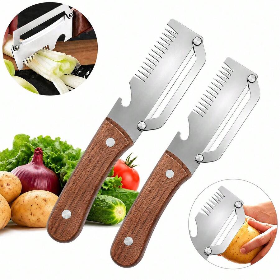 Dụng cụ gọt rau củ đa năng chất lượng cao với tay cầm bằng gỗ và chức năng mở nắp chai, thích hợp để gọt vỏ trái cây, bí ngô, khoai tây, cà rốt và các loại rau củ khác.